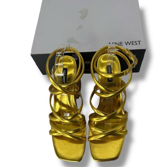 NEW Nine West Strappy Gold Platform Heels Size 10 Square Toe Retro Ankle Wrap - Picture 12 of 12